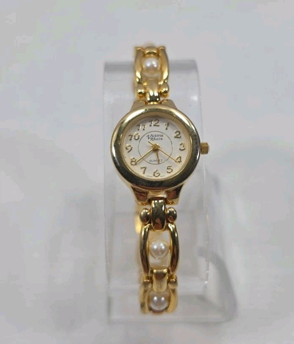 Victoria Rhein Women's Gold Toned Faux Pearl Bracelet Band Watch New Battery 314